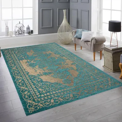 Zdjęcie produktu dla Dywan do salonu w orientalny wzór z obramowaniem łatwy w pielęgnacji turkusowo-beżowy rozmiar - 80 x 250 cm