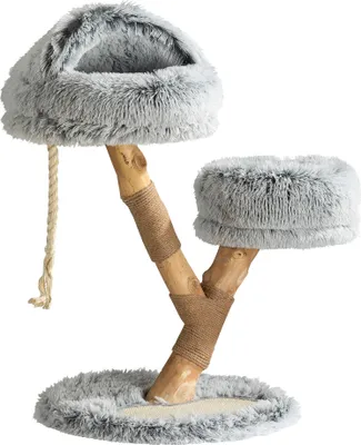 Immagine prodotto di Fudajo tiragraffi design con grotta per gatti 80 cm, tiragraffi di design per gatti con peluche e legno di pero, albero per gatti in legno con tappetino tiragraffi