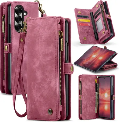Produktbild von Schutzhülle für Samsung Galaxy Z Fold 7, Vintage Multifunktions Lederhülle, Kartenfächer, Reißverschluss Hülle Rot