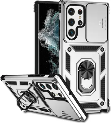 Produktbild von Galaxy S22 Ultra 5G Hülle mit Schiebe Kamera Schutz und Ringhalter Ständer Robust Rüstung Schutzhülle für Samsung Galaxy S22 Ultra 5G Silber