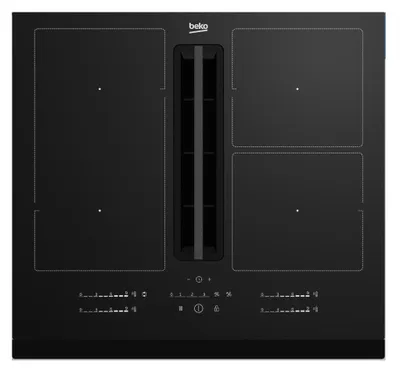 A top-down view of a black induction hob with an integrated extractor fan.