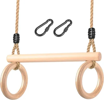 Produktbild von Kindertrapezschaukel mit Holzturnstange und Turnringen – Turnspielzeug – Kletterschaukel
