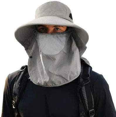 Productafbeelding van Unyqoos® zonnehoed voor heren met brede rand, afnekkbare nekbescherming en verstelbare kinband, polyester, ademend mesh, UV-bescherming 98%, 55–60 cm