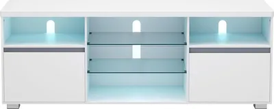 A white TV stand with open shelves and two cabinets, illuminated by blue LED lights.