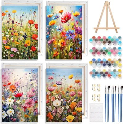 Productafbeelding van 4-pack ingelijste verf op nummer, wilde bloem voor volwassenen en kinderen, doe-het-zelf eenvoudig landschapsschilderen op nummers met frame