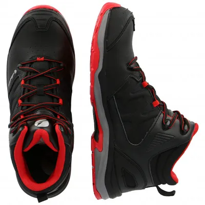 A pair of black and red mid-top work boots shown from a top-down and side view.