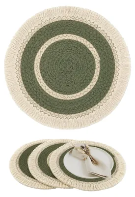 Produktbild von Platzsets Boho Rund mit Fransen 28cm, Geflochtene Dekorationsunterlage Tischdeko Seegras, Grün 4 Stück