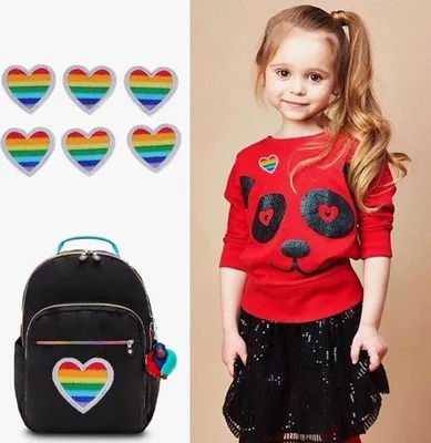 Immagine prodotto di Set di 6 toppe in cotone a forma di cuore arcobaleno per cucire e rammendare, con bordo bianco