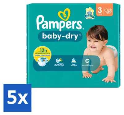 Zdjęcie produktu dla 5 sztuk pieluch dla niemowląt Pampers Baby-Dry, rozmiar 3 (6-10 kg) - opakowanie ekonomiczne