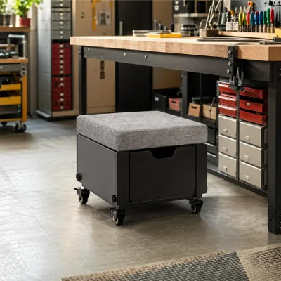 Produktbild von Höhenverstellbarer Drehhocker mit Schublade, gepolsterter Sitzfläche und Stahlgestell, 360°-Drehrollen mit Bremsen, schwarz, Metall, 40 × 40 × 35,1 cm