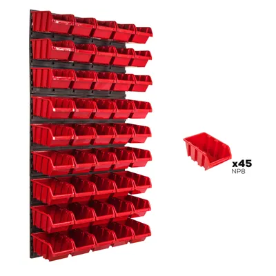 Produktbild von Lagersystem Wandregal 578 x 1170 mm | 45 stck. Box | Stapelboxen Schüttenregal Sichtlagerkästen | Extra Starke Wandplatten | Regal Erweiterbar | Werkstattregal Lagerregal Werkstattwandregal Steckregal