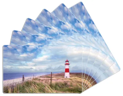 Produktbild von Wallario Frühstücksbrettchen 6er Set aus Glas, je 14 x 23 cm, mit rutschfesten Füßen, Motiv Leuchtturm am Strand von Sylt