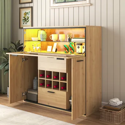 Image de MODFU Meubles de rangement pour vaisselles 110x38x111 cm - Buffet avec étagère en verre et LED - Naturel et Noir