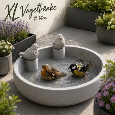 Produktbild von XL Vogeltränke mit Deko-Vögeln Ø34 cm – Vogelbad & Futterstelle – Magnesia grau – wetterfest & frostsicher