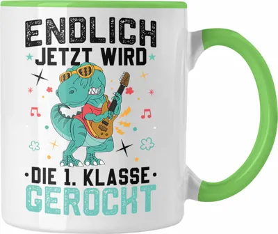 Produktbild von Trendation - Erste Klasse Wird Gerockt Tasse Geschenk zur Einschulung Dinosaurer Jungs Jungen Geschenkidee (Grün)