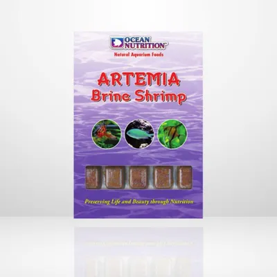 A product package for aquarium food, specifically Artemia Brine Shrimp.