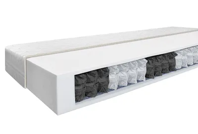 A cross-section of a mattress showing its internal structure of pocket springs and foam.