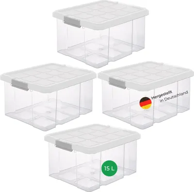 Immagine prodotto di Novaliv 4x scatole di stoccaggio con coperchio 15L trasparente Nestbar scatole di stoccaggio impilabili con chiusura a clip scatola in plastica senza BPA 41 x 29 x 20 cm