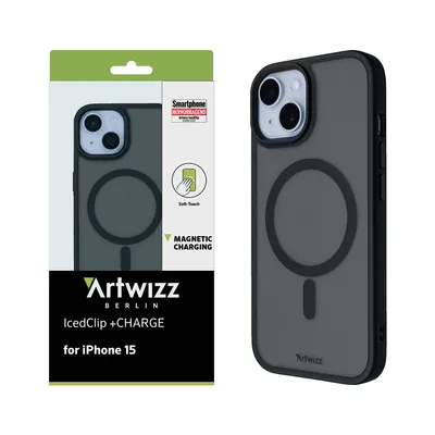 Produktbild von ARTWIZZ IcedClip +CHARGE für iPhone 15 - Stoßfeste Schutzhülle mit Ladefunktion, Transluzentem Design und Soft-Touch-Beschichtung - Schwarz