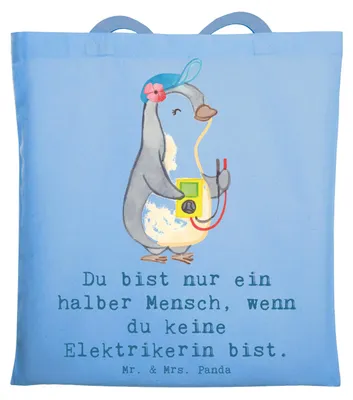 Produktbild von Mr. & Mrs. Panda Tote Bag Elektrikerin Herz - Sky Blue - Geschenk, Ausbildung, Gesellenprüfung, Spruch, Tasche, Jutebeutel, Stoffbeutel, Einkaufstasche, Lustig, Unitasche