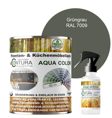 Produktbild von 750ml. + Anlauger - Contura Küchenmöbellack RAL Möbellack SEIDENMATT SET Möbelfarbe Holzlack Buntlack Küchenlack - RAL 7009 Grüngrau