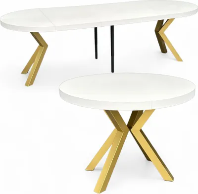 Produktbild von Großer runder Esstisch Weiß (Ø110/310 cm) Ausziehbar mit Goldenen X-Metallbeinen