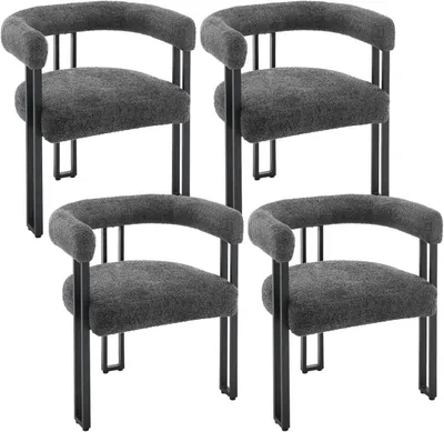 Four dark gray chairs with black metal frames are arranged in a grid on a white background.