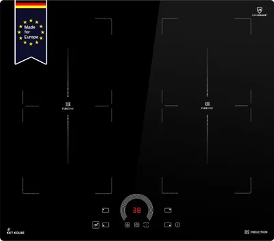 A black induction hob with four cooking zones and a digital display.
