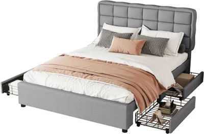 Obrázek produktu pro Ploché lůžko AIORBER, čalouněné čelo, manželská postel, 140x200 cm, 4 zásuvky, s lamelovým roštem, lněné a MDF desky, do ložnice, dětského pokoje, šedá barva