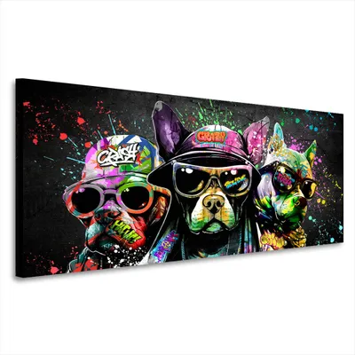 Produktbild von Pop Art Hunde mit Sonnenbrillen Graffiti Style Leinwandbild Wandbild Wanddeko: 175x70x4cm