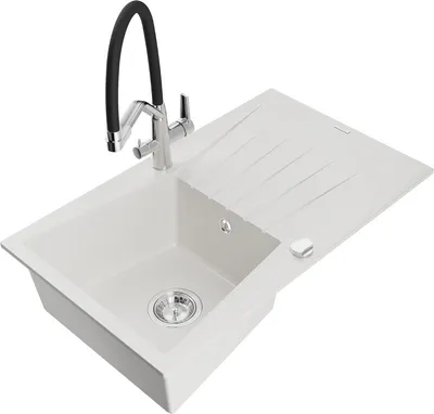 Produktbild von Mexen Cesar 1 Becken-Granitspüle mit Abtropffläche und Mischbatterie Duo, Weiß - 6514-20-671701-07