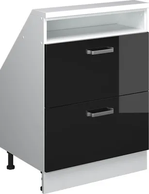 A product shot of a black and white cabinet with two drawers.