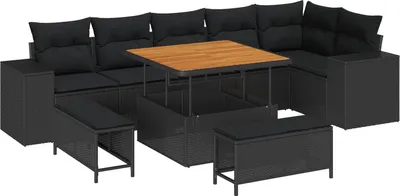 Image de Ensemble de canapé de jardin avec coussin 9 pcs Noir polyrotin