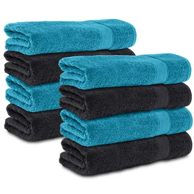 Produktbild von Komfortec 8er Duschtücher 70x140 cm Set aus 100% Baumwolle, 470g/m², Frottee, Weich, Schwarz/Türkis
