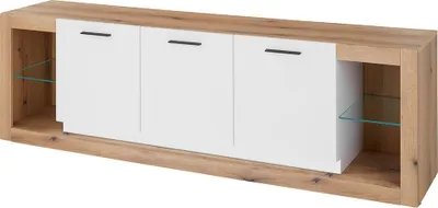 Produktbild von Wohnzimmer-Lowboard 198 cm breit in Eiche mit weiß matt, 3 Türen, Glaseinlegeböden BELLAGIO-61