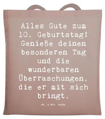 Produktbild von Mr. & Mrs. Panda Tote Bag Spruch 10. Geburtstag Freude - Braun Pastell - Geschenk, wunderbare Überraschungen, Shopping Tasche, Meilenstein, Schultasche, Einkaufstasche