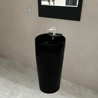 Produktbild von vidaXL Standwaschbecken Keramik Schwarz, 400 x 415 x 860 mm (B x T x H), mit Überlauf, Hahnloch Ø 3,5 cm, Abfluss Ø 4,5 cm, Hochglanz