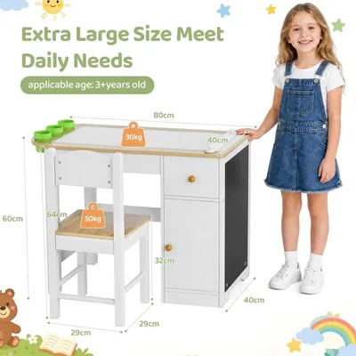 Produktbild von Kindertisch mit 1 Stuhl - Multifunktionaler Spiel-, Lern- und Basteltisch - Stauraum - Tafel - Holz - Weiß