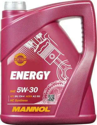 A pink plastic jug of Mannol Energy 5W-30 motor oil.
