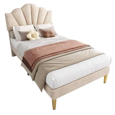 Produktbild von Polsterbett mit Lattenrost, 90x200 cm, gepolsterter Kopfteil höhenverstellbar, Bezug aus Samt, Jugendbett