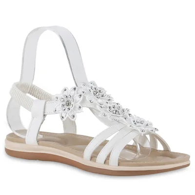 Produktbild von VAN HILL Damen Riemchensandalen Sandalen Strass Blumen Schuhe 841037, Farbe: Weiß, Größe: 36