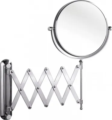 A chrome-plated wall-mounted magnifying mirror with an extendable scissor arm.