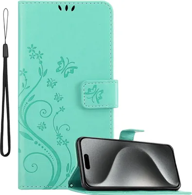 Image de Cadorabo Housse pour Apple iPhone 16 PRO MAX en FLORAL TURQUOISE Housse de protection au design floral avec fermeture magnétique, fonction de support et porte-cartes Flip Case Flower Cover Etui Handy Klapp Hülle Book Tasche