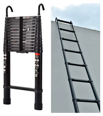 Produktbild von Teleskopleiter, 5 m, Aluminium mit abnehmbarem Haken, 150 kg, EN131-Standard, Schwarz