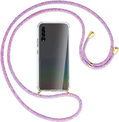 Produktbild von Handykette Backcover-Schutzhülle mit Band (Metall goldfarben) für Samsung Galaxy A90 5G - lila/rosa/blau