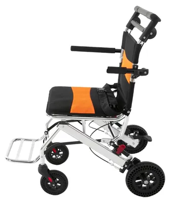 Produktbild von Faltbarer Transportrollstuhl - Leichter Rollstuhl 9,7 kg - Tragkraft 160 kg - Große Hinterräder - Mit Sicherheitsgurt - Orange