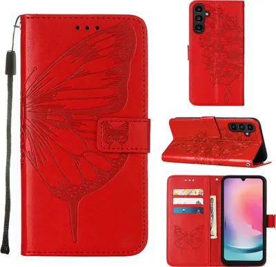 Produktbild von Lederhülle für Samsung Galaxy A05S Schmetterling Prägung Flip Ledertasche Kartenfächer Handyhülle mit Ständer Rot