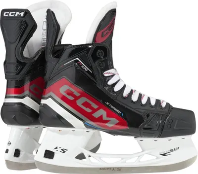 A pair of black CCM hockey skates with red and silver accents, shown from a side-diagonal view against a white background.
