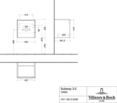 Produktbild von Villeroy & Boch Subway 3.0 Waschbeckenunterschrank, eine Tür Anschlag rechts, 423x429x378mm, C58200VF