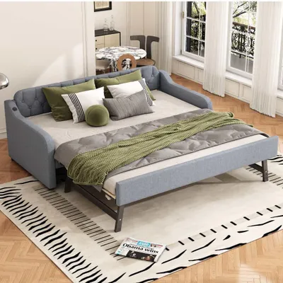 Produktbild von Schlafsofa mit USB-Anschluss, Tagesbettfunktion, ausziehbares Rollbett – ideales Gästebett für Ihr Zuhause, platzsparend, 90x200 cm, Grau